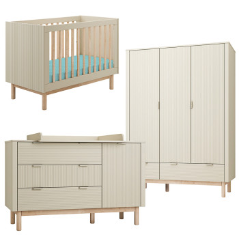 Pack Trio chambre bébé Miloo champagne avec lit bébé 60x120 + grande commode à langer + armoire 3 portes