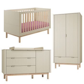 Pack Trio chambre bébé Miloo champagne avec lit bébé 70x140 + grande commode à langer + armoire 2 portes