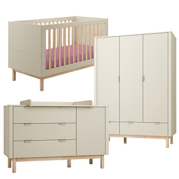 Pack Trio chambre bébé Miloo champagne avec lit bébé 70x140 + grande commode à langer + armoire 3 portes