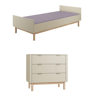 Pack Duo chambre enfant Miloo champagne avec lit 90x200 + commode 3 tiroirs