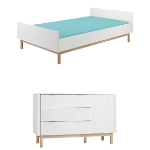 Pack Duo chambre enfant Miloo blanc avec lit 120x200 + grande commode