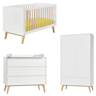 Pack lit bébé 70x140 + commode à langer + armoire 2P Swing blanc