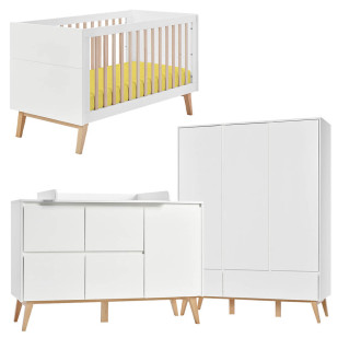 Pack lit bébé 70x140 + large commode à langer + armoire 3P Swing blanc