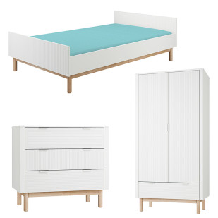 Pack Trio chambre enfant Miloo blanc avec lit 120x200 + commode 3 tiroirs + armoire 2 portes