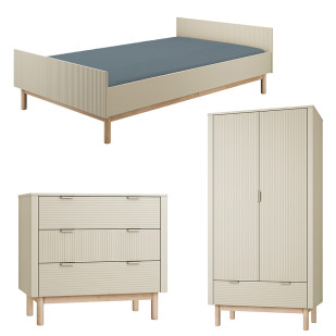 Pack Trio chambre enfant Miloo champagne avec lit 120x200 + commode 3 tiroirs + armoire 2 portes