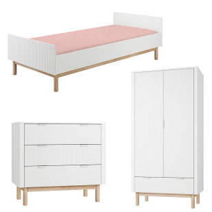 Pack Trio chambre enfant Miloo blanc avec lit 90x200 + commode 3 tiroirs + armoire 2 portes