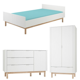 Pack Trio chambre enfant Miloo blanc avec lit 120x200 + grande commode + armoire 2 portes