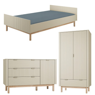 Pack Trio chambre enfant Miloo champagne avec lit 120x200 + grande commode + armoire 2 portes