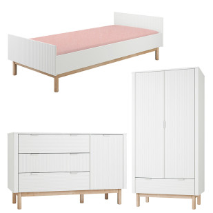 Pack Trio chambre enfant Miloo blanc avec lit 90x200 + grande commode + armoire 2 portes