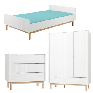 Pack Trio chambre enfant Miloo blanc avec lit 120x200 + commode 3 tiroirs + armoire 3 portes