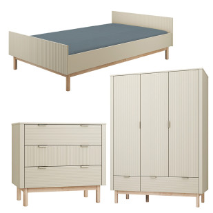 Pack Trio chambre enfant Miloo champagne avec lit 120x200 + commode 3 tiroirs + armoire 3 portes