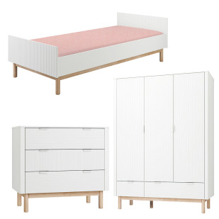 Pack Trio chambre enfant Miloo blanc avec lit 90x200 + commode 3 tiroirs + armoire 3 portes