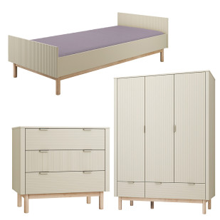 Pack Trio chambre enfant Miloo champagne avec lit 90x200 + commode 3 tiroirs + armoire 3 portes