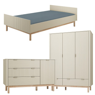 Pack Trio chambre enfant Miloo champagne avec lit 120x200 + grande commode + armoire 3 portes