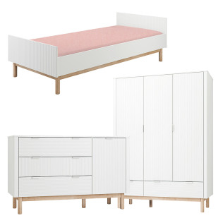 Pack Trio chambre enfant Miloo blanc avec lit 90x200 + grande commode + armoire 3 portes