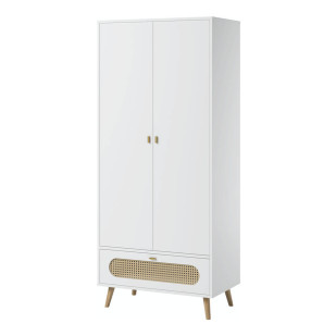 Armoire Canne Vox blanche avec cannage rotin, 2 portes et 1 tiroir, design boho, mobilier bébé et enfant - Jurassien