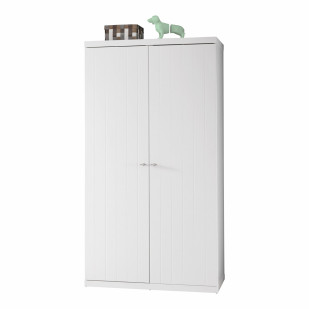 Armoire deux portes blanche en pin et MDF pour enfant, collection Baba by Vipack, disponible sur le Jurassien. Espace penderie et étagères.