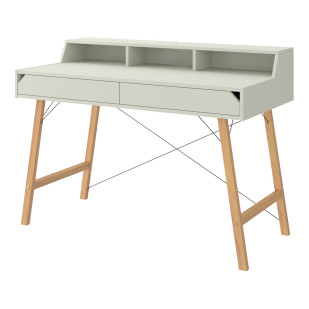 Bureau d'étude pour chambre d'enfant sage olive Lotta - Bois massif et MDF, pieds en chêne massif - 2 tiroirs spacieux, passe-câbles intégré - Design scandinave