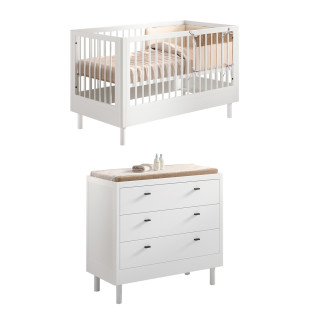 Chambre bébé blanche Forrest Jaxx, lit bébé 70x140 et commode à langer, design élégant. Disponible chez Le Jurassien.