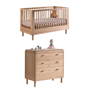 Ensemble chambre bébé chêne Forrest Jaxx, lit 70x140, commode à langer bois foncé, vendu chez Jurassien, élégant et durable