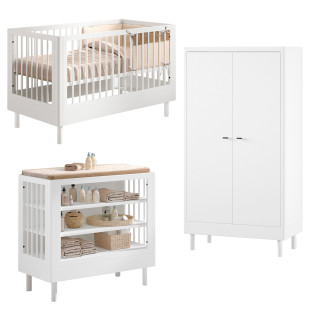 Chambre bébé complète blanche Forrest en bois massif avec meuble à langer par Jaxx, disponible chez le Jurassien