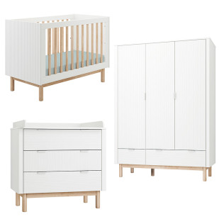 Pack Trio chambre bébé Miloo blanche avec lit bébé 60x120 + commode à langer + armoire 3 portes