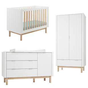 Pack Trio chambre bébé Miloo blanche avec lit bébé 60x120 + grande commode à langer + armoire 2 portes