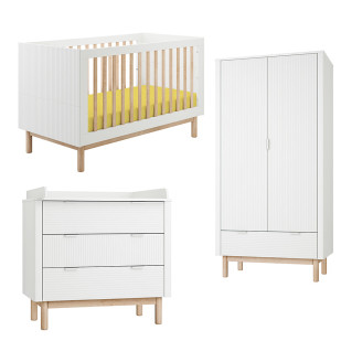 Pack Trio chambre bébé Miloo blanche avec lit bébé 70x140 + commode à langer + armoire 2 portes