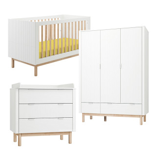 Pack Trio chambre bébé Miloo blanche avec lit bébé 70x140 + commode à langer + armoire 3 portes