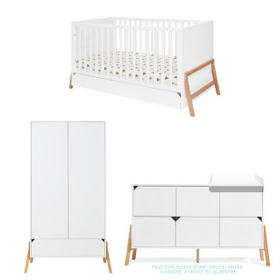 Chambre de bébé complète blanche en bois avec commode 6 tiroirs, style scandinave, marque Bellamy disponible chez Jurassien.