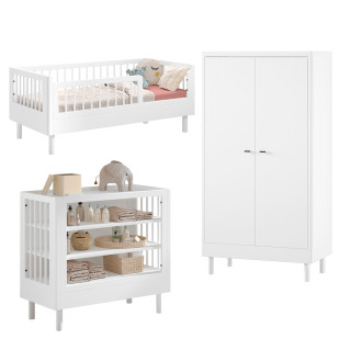 Chambre complète enfant blanc Forrest en bois massif, style moderne, avec rangement par Jaxx, disponible chez Jurassien.