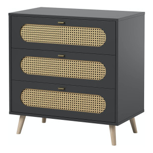 Commode Canne Vox noir en bois et cannage rotin, 3 tiroirs. Style rétro chic pour chambre enfant - Disponible chez Jurassien.