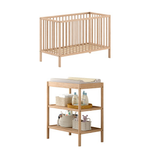 Duo lit bébé 60x120 et table à langer hêtre Dino en bois naturel, ensemble Jaxx chez Le Jurassien