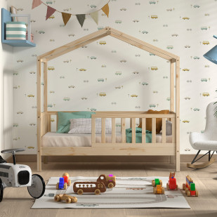 Lit cabane 70x140 en pin naturel avec barrière et sommier inclus, design enfant sécurisé - Jaxx, disponible chez le Jurassien.