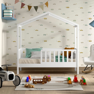 Lit cabane 70x140 blanc en bois massif avec barrière, style scandinave, marque Jaxx, disponible sur Jurassien