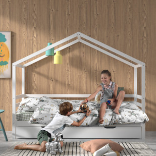 Lit cabane blanc Dallas avec tiroir et barrière en bois massif, 90x200 cm, design Jaxx, disponible chez Jurassien.