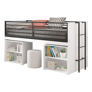 Lit mi-hauteur blanc avec cube de rangements et bureau extensible, Sam par Vipack. Idéal pour petits espaces. Disponible chez Jurassien.