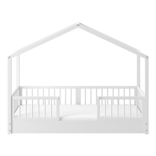 Lit cabane avec barrière évolutif au sol Dream Nest blanc 80x160 pour enfant, fabriqué en bois massif, sommier inclus, design unique et garantie 2 ans, de la marque Bellamy.