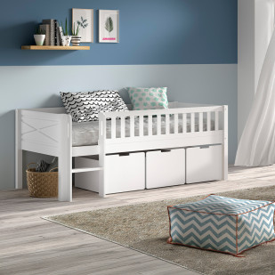 Lit surélevé blanc avec bacs de rangements Scott en bois massif par Vipack - Espace optimisé pour enfants - Disponible chez Jurassien