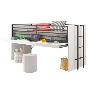 Lit mi-hauteur blanc avec bureau extensible Sam, gain de place pour petits espaces et travail scolaire, disponible chez le Jurassien. Marque Vipack.