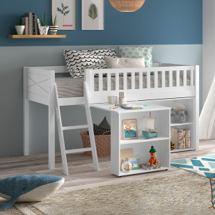 Lit surélevé en bois massif blanc avec bureau et rangement ouvert, style scandinave pour enfant Scott, par Vipack, chez le Jurassien.