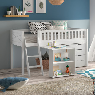 Lit surélevé blanc Scott avec bureau et rangements en bois massif, multifonctionnel pour enfant. Disponible chez Jurassien, marque Vipack.