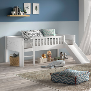 Lit surélevé enfant 90x200 Scott avec toboggan blanc, bois massif, style scandinave, exclusivité Jurassien, marque Vipack.