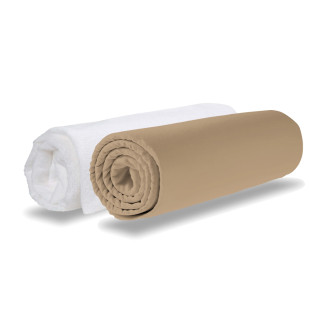 Lot 1 alèse + 1 drap-housse 60x120 caramel Domiva, protection matelas bébé coton marron, disponible chez Jurassien