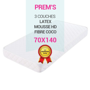 Matelas 70x140 Babyprem's : coutil en coton + fibre de coco + mousse + latex 