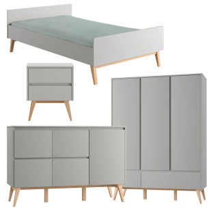 Pack lit 120x200 + chevet + large commode + armoire 3 portes Swing gris