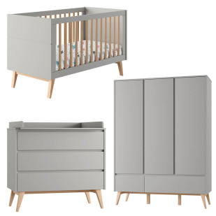 Pack lit bébé 70x140 + commode à langer + armoire 3P Swing gris