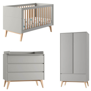 Pack lit bébé 70x140 + commode à langer + armoire 2P Swing gris