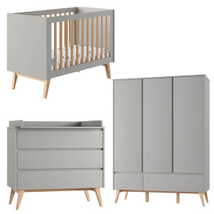 Pack lit bébé 60x120 + commode à langer + armoire 3P Swing gris