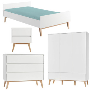 Pack lit 120x200 + chevet + commode + armoire 3 portes Swing blanc pour ado